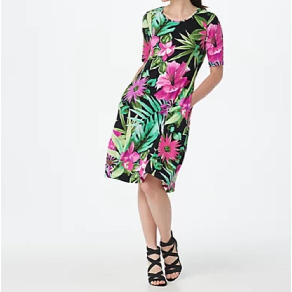 Susan Graver Printed Liquid Knit Elbow Sleeve Dress w/Pockets Pink & Black XXS